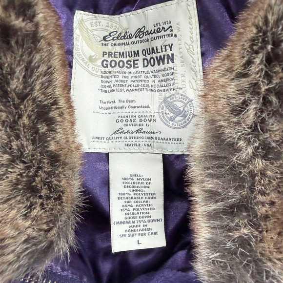 Eddie Bauer Purple Goose Down Puffer Jacket Faux Fur Collar Women's Size L - Picture 3 of 8